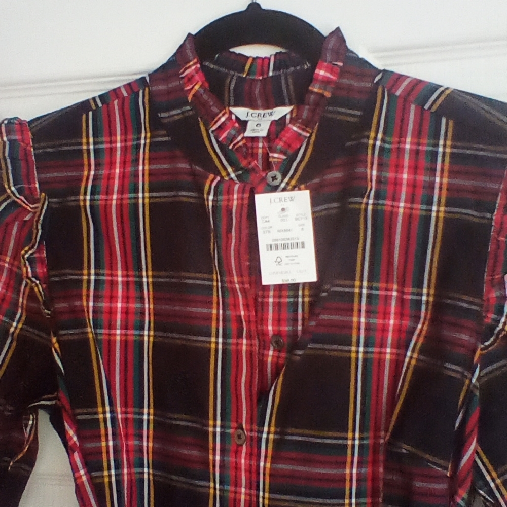 J. Crew Ruffled collar shirt dress in holiday plaid.